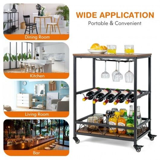Kitchen Bar Cart Serving Trolley on Wheels with Wine Rack Glass Holder-Rustic Brown