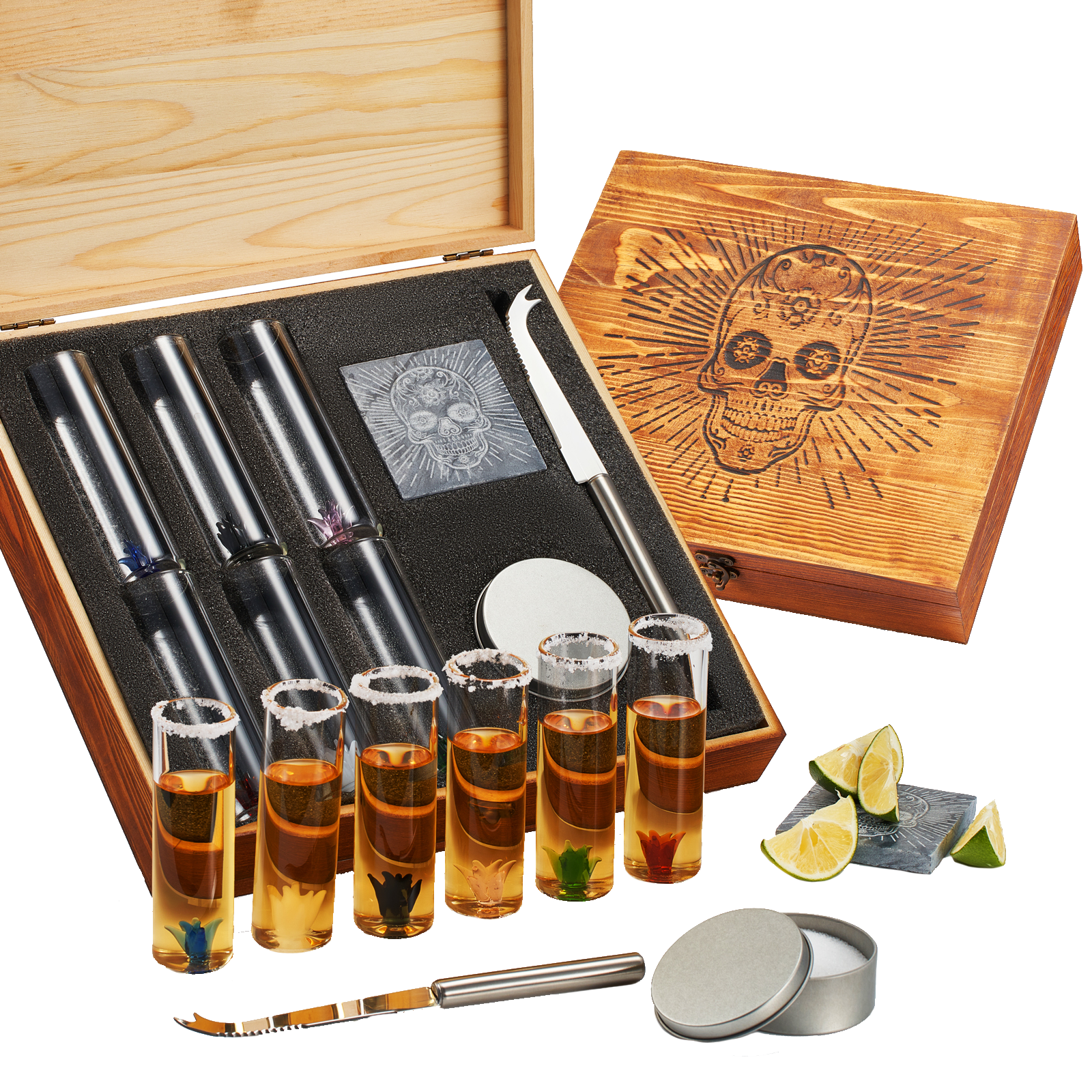 Tequila Shot Glass & Salt Gift Set for Men & Women | Six Agave Shot Glasses, Knife For Limes, One Skull Coaster, One Salt Tin | Skeleton Mahogany Wood Box Package For Tequila, Liquor Lovers by The Wine Savant